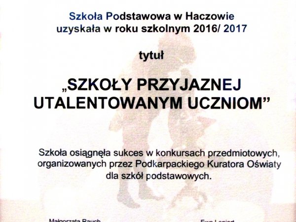 Certyfikat Wojewody Podkarpackiego dla SP w Haczowie