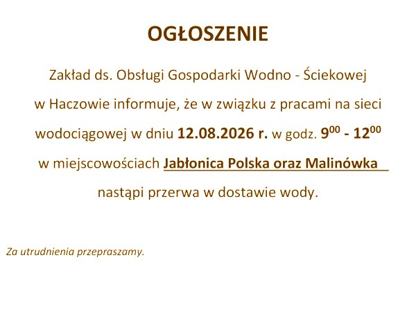 UWAGA! Jabłonica, Malinówka - przerwa w dostawie wody