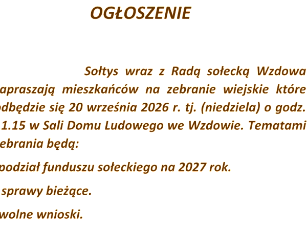 WZDÓW - zebranie wiejskie 20 września 2026 r