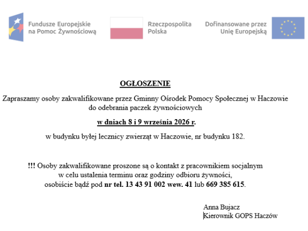8. - 9. września - odbiór paczek żywnościowych