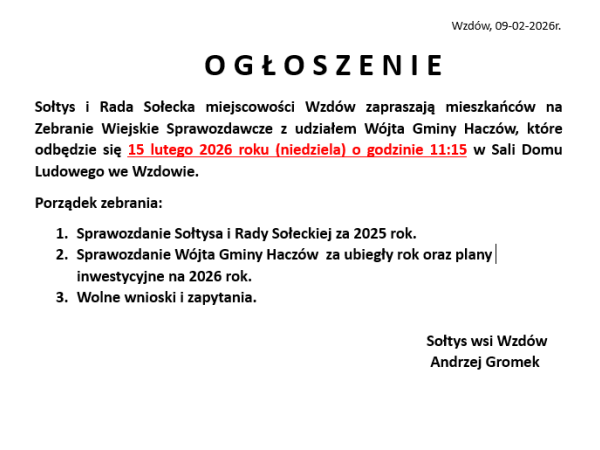 Zebranie wiejskie we Wzdowie 15.02.2026