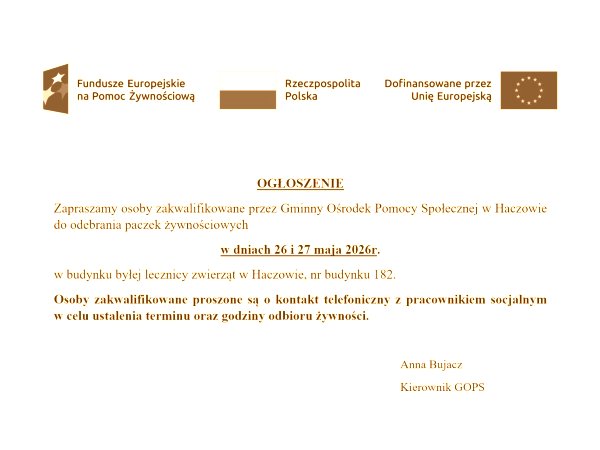 Paczki żywnościowe - 26 i 27 maja 2026 r.