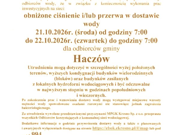Utrudnienia w dostawie wody