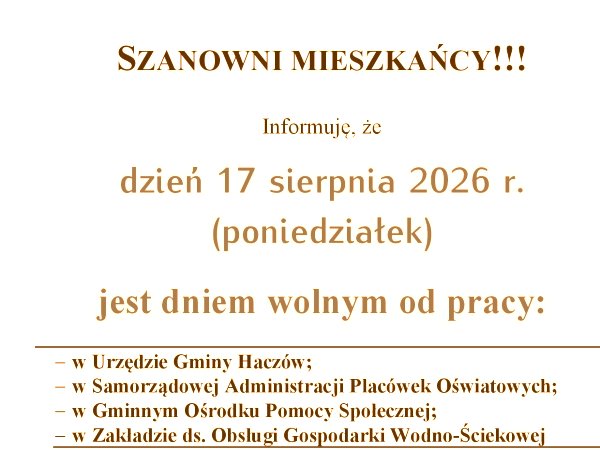 Dzień wolny - poniedziałek 17 sierpnia 2026 r.