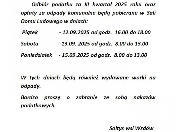 Wzdów - III rata podatku za 2025 rok