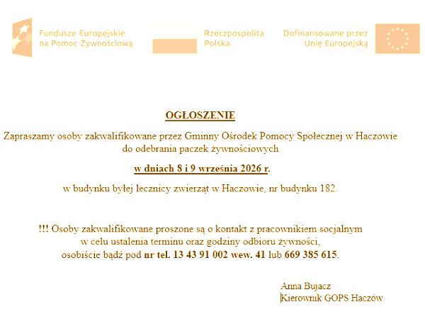 8. - 9. września - odbiór paczek żywnościowych