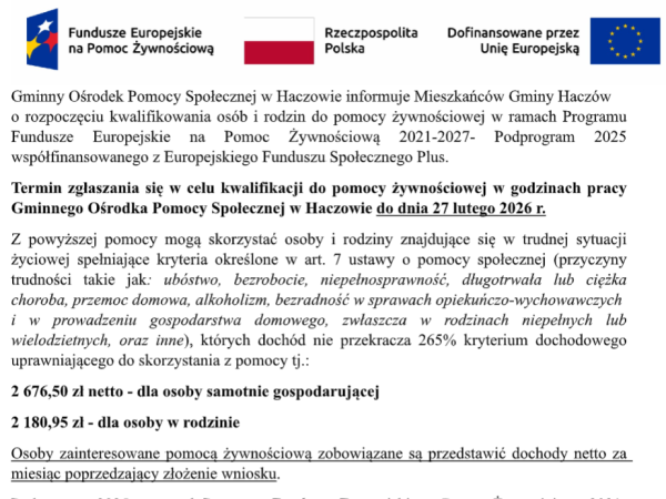 Pomoc żywnościowa - GOPS w Haczowie