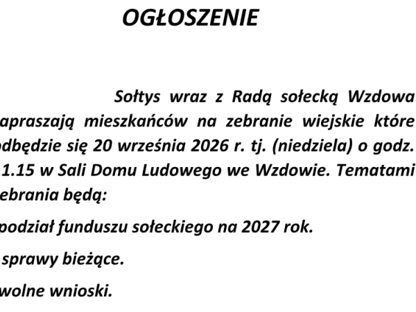 WZDÓW - zebranie wiejskie 20 września 2026 r
