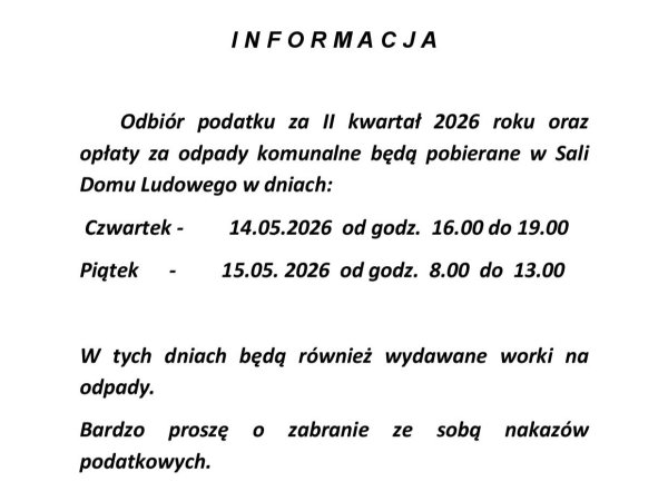 Wzdów - odbiór podatku 14-15 maja 2026