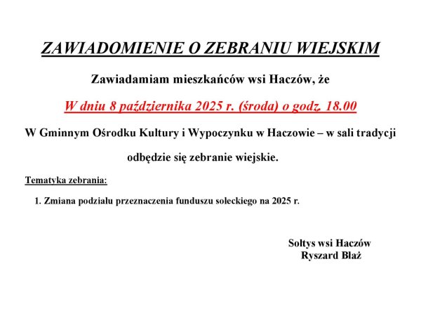 Zebranie Wiejskie w Haczowie - 8.10.2025