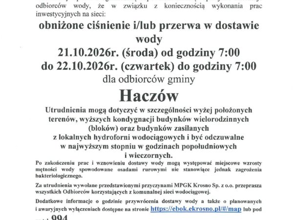 Utrudnienia w dostawie wody
