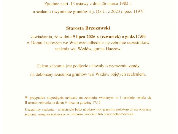 Wzdów - zebranie w sprawie scalenia gruntów 9 lipca 2026 r.