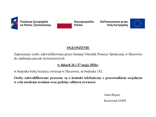 Paczki żywnościowe - 26 i 27 maja 2026 r.