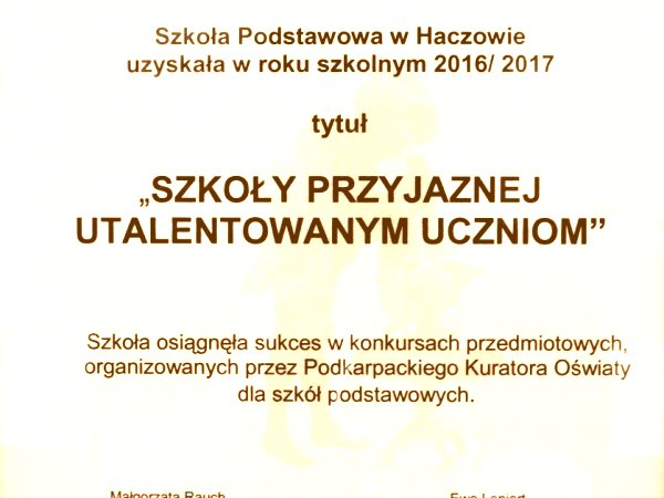 Certyfikat Wojewody Podkarpackiego dla SP w Haczowie