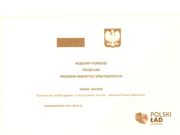 Dofinansowanie budowy wodociągu - Haczów - Jabłonica Pol. - Malinówka