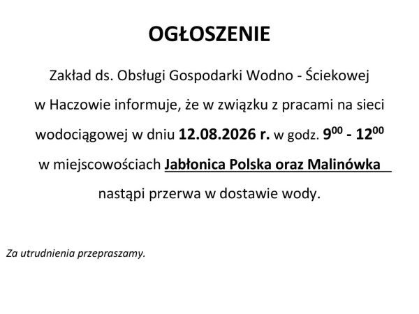 UWAGA! Jabłonica, Malinówka - przerwa w dostawie wody