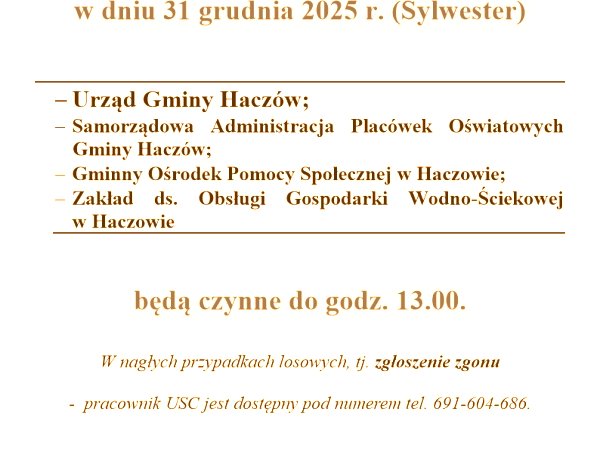 Godziny pracy urzędu w dniu 31 grudnia 2025 r.
