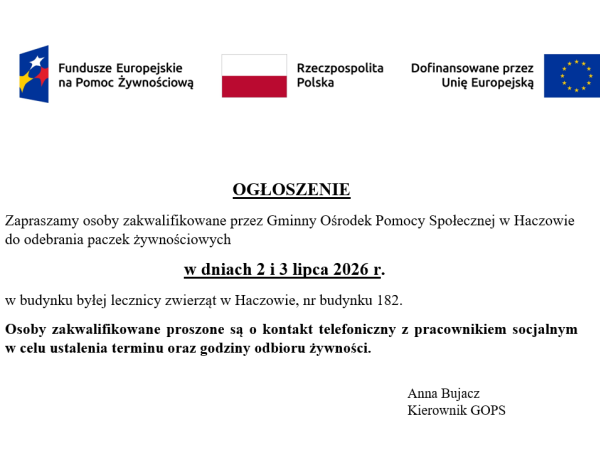 Ogłoszenie - paczki żywnościowe