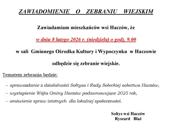 Zebranie Wiejskie w Haczowie 8 lutego 2026 r.