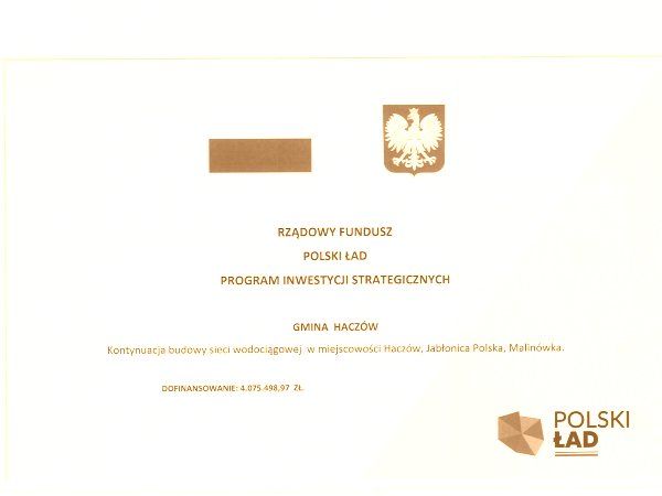 Dofinansowanie kontynuacji wodociągu - Haczów - Jabłonica Pol. - Malinówka