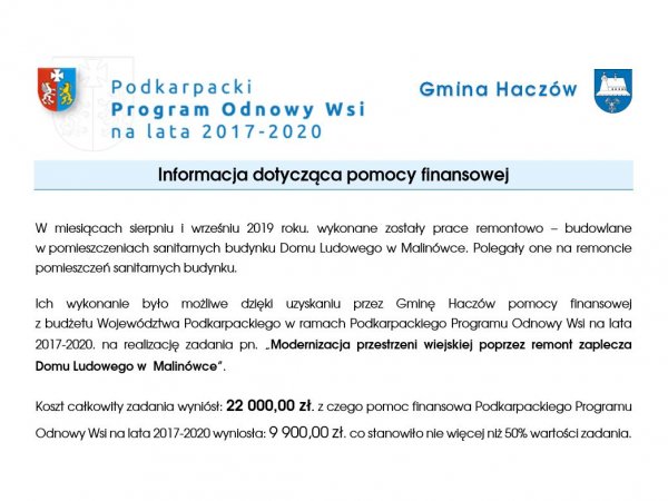Informacja o projekcie z udziałem środków UE - Dom Ludowy w  Malinówce