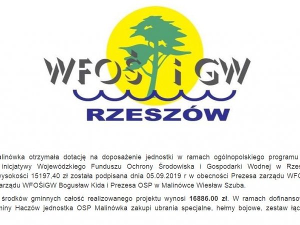 Informacja o projekcie z udziałem środków WFOŚiGW - Jednostka OSP Malinówka
