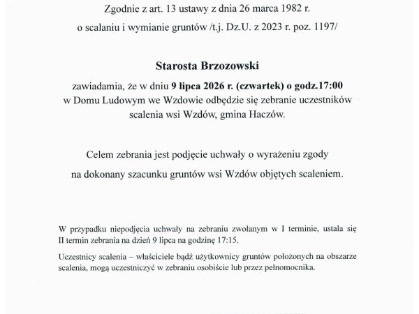 Wzdów - zebranie w sprawie scalenia gruntów 9 lipca 2026 r.