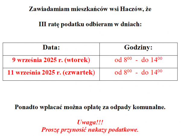 Haczów - III rata podatku za 2025 rok