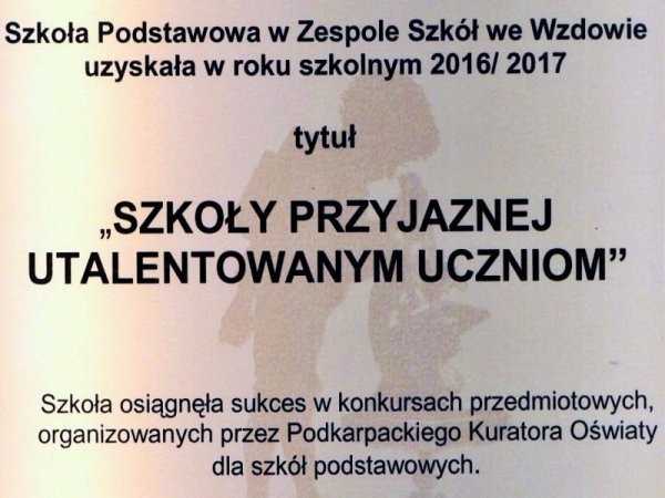 Certyfikat „Szkoła przyjazna utalentowanym uczniom” Dla Szkoły Podstawowej we Wzdowie