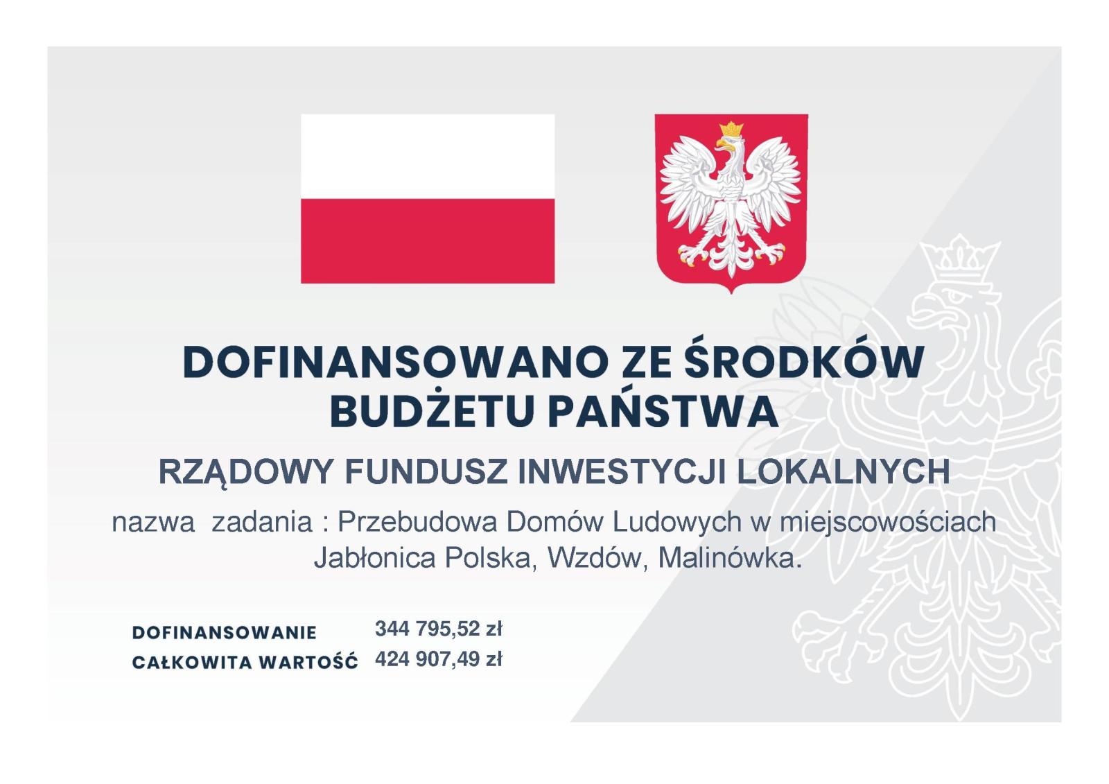 Dofinansowano ze środków budżetu państwa RZĄDOWY FUNDUSZ INWESTYCJI LOKALNYCH nazwa  zadania : Przebudowa Domów Ludowych w miejscowościach  Jabłonica Polska, Wzdów, Malinówka, dofinansowanie 344 795,52 zł, całkowita wartość 424 907,49 zł
